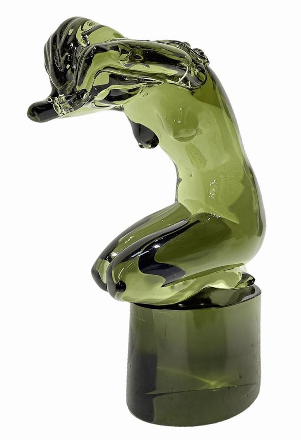 Prod.Loredano Rosin, Murano, heavy glass sculpture depicting stylized nude woman in the smoky tones. 70's. H 40 cm