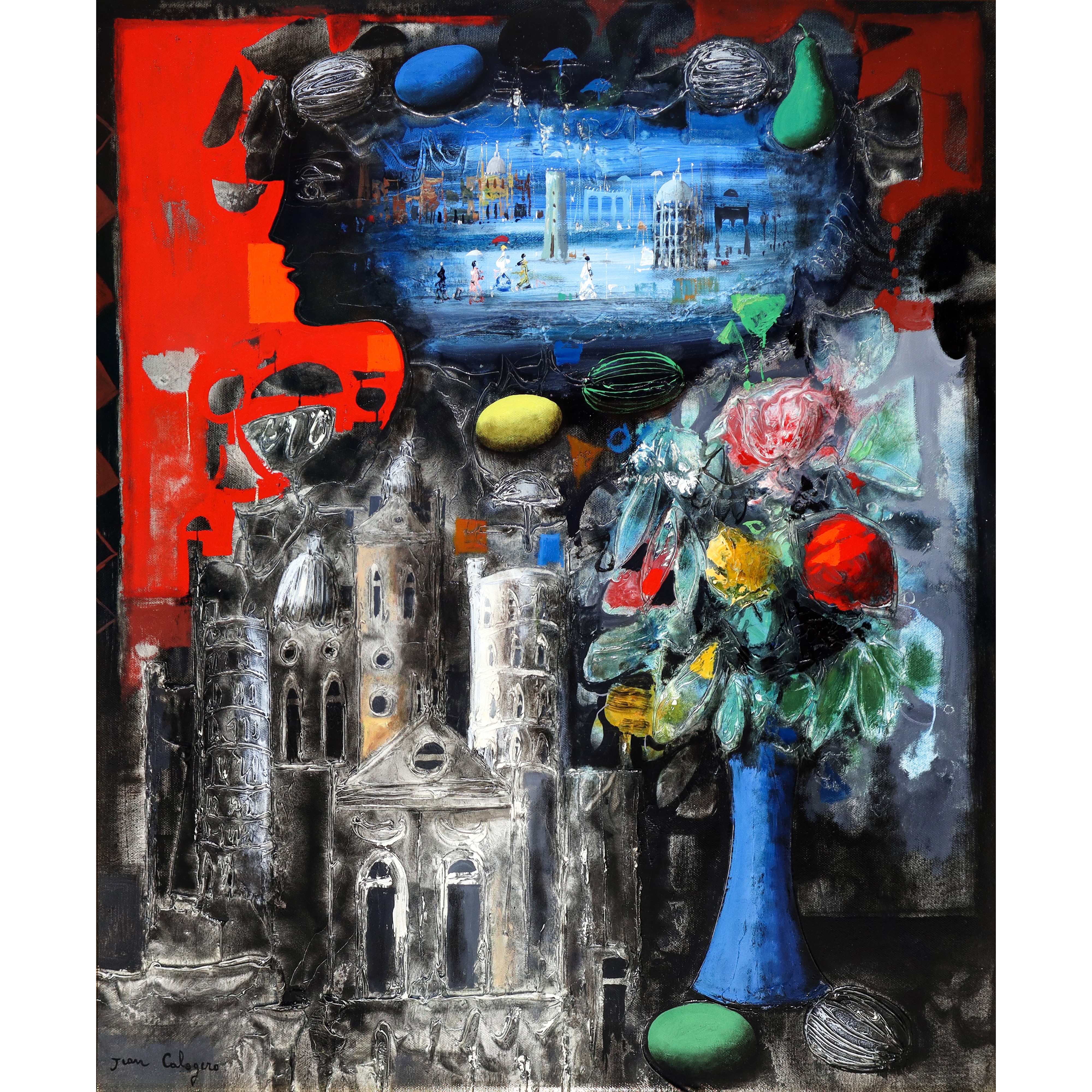 Jean Calogero - Fantasia con vaso di fiori, olio su tela (XX secolo)