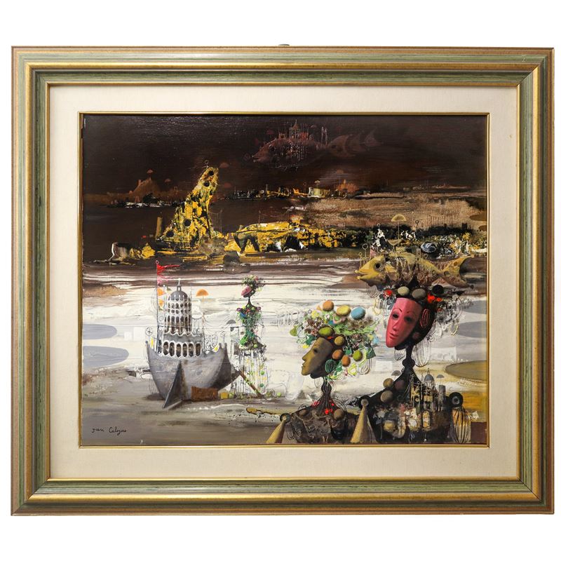 Scena surrealista con due figure in primo piano e pesci