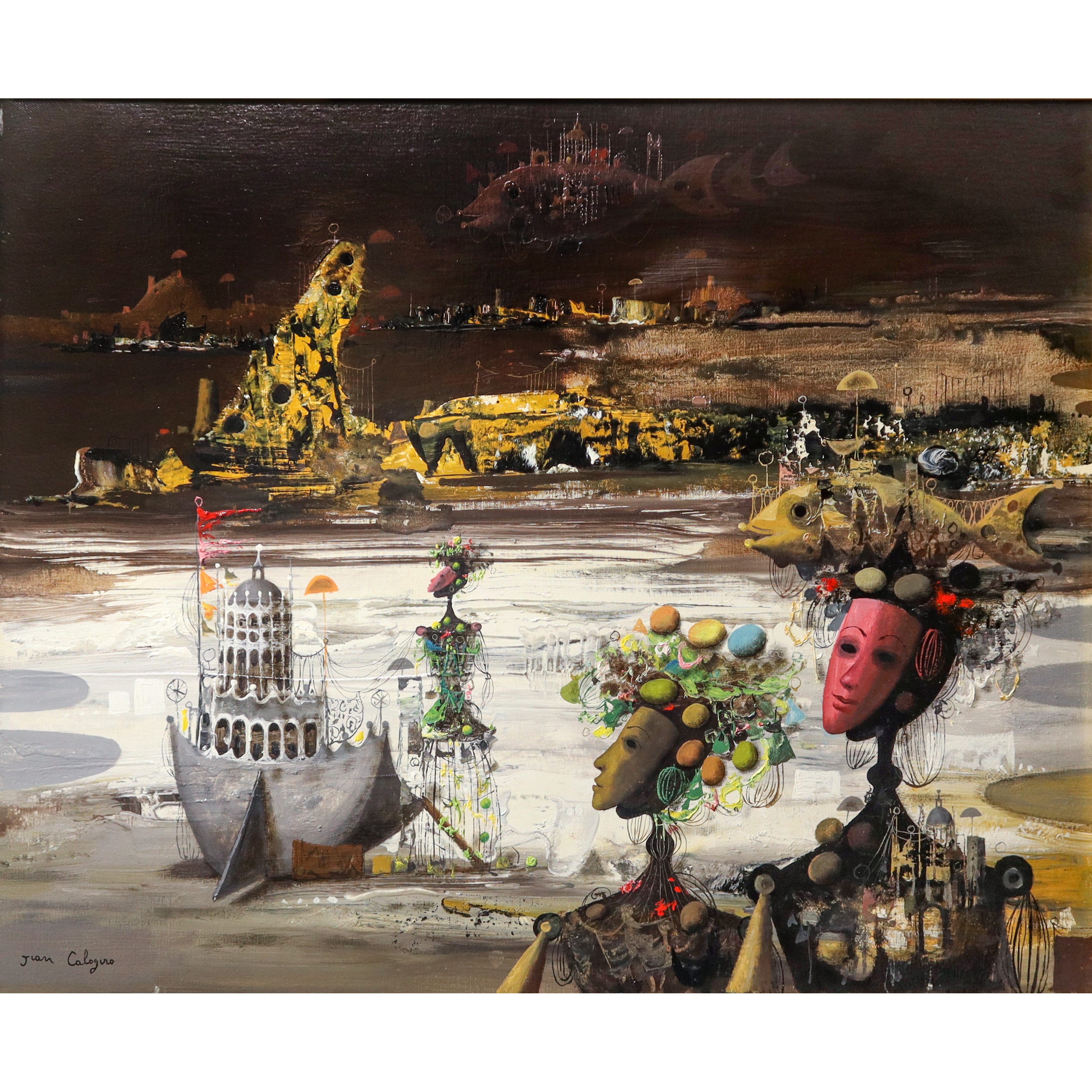Scena surrealista con due figure in primo piano e pesci