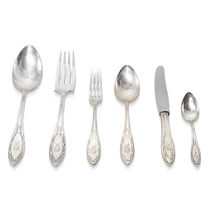 Servizio di posate completo da 10 in argento 800 con monogramma sul manico