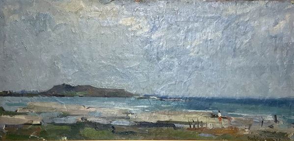 Oil painting on masonite depicting seascape. Signed Ulf Johansen (Stockholm 1912- 1978) and dated 1943. Cm 25,5x54.