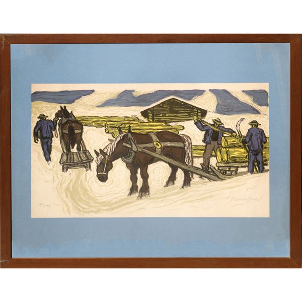Woodcutter and horses in a snowy landscape