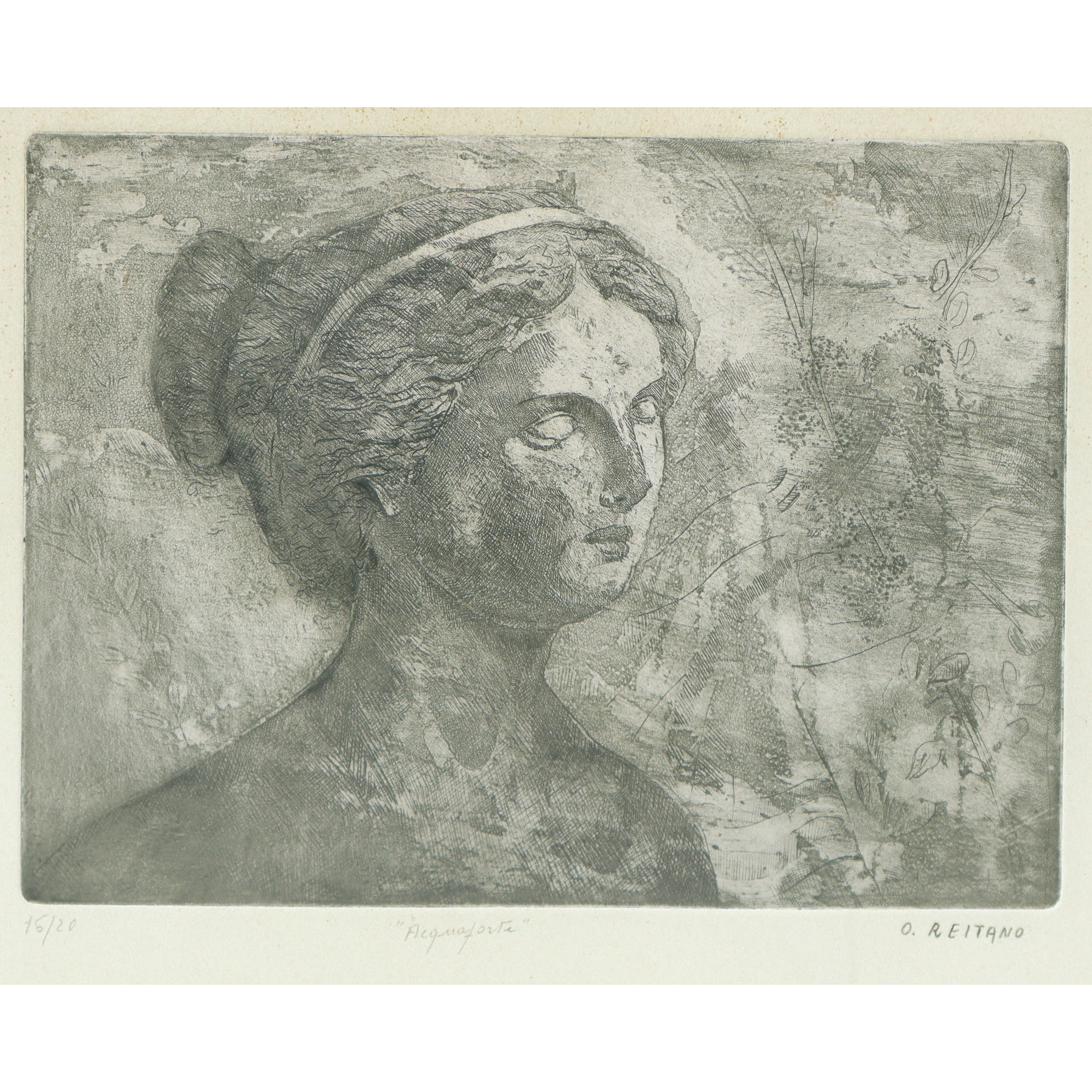 O. Reitano, Busto di scultura greca, acquaforte in cornice