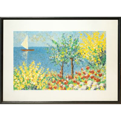 P.A. (firma S. Farè), Paesaggio marino con fiori e barca a vela