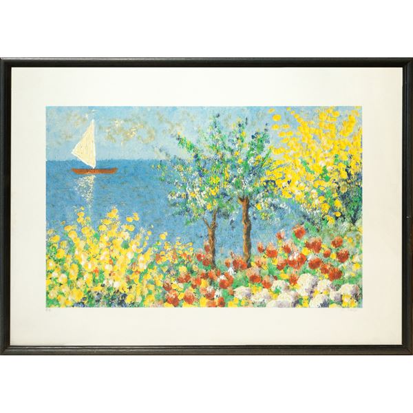 Paesaggio marino con fiori e barca a vela