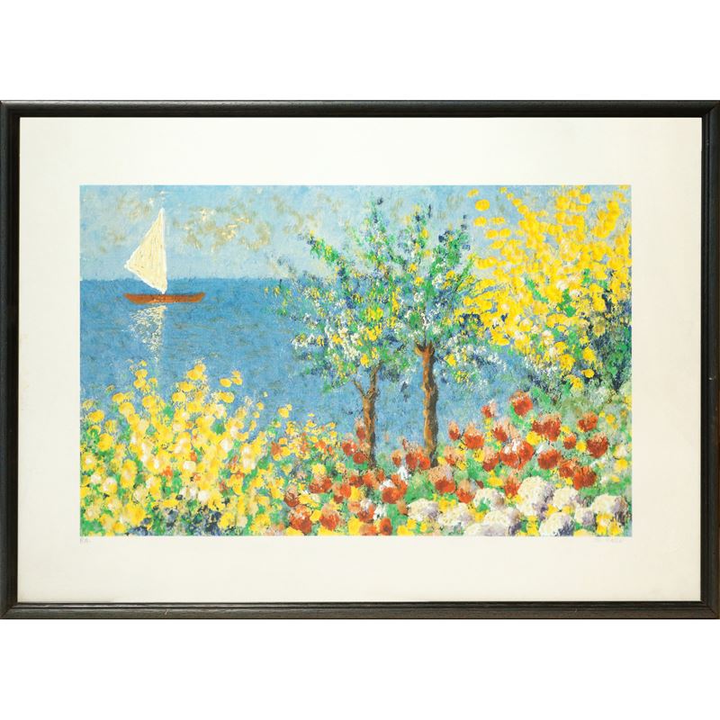 P.A. (firma S. Farè), Paesaggio marino con fiori e barca a vela