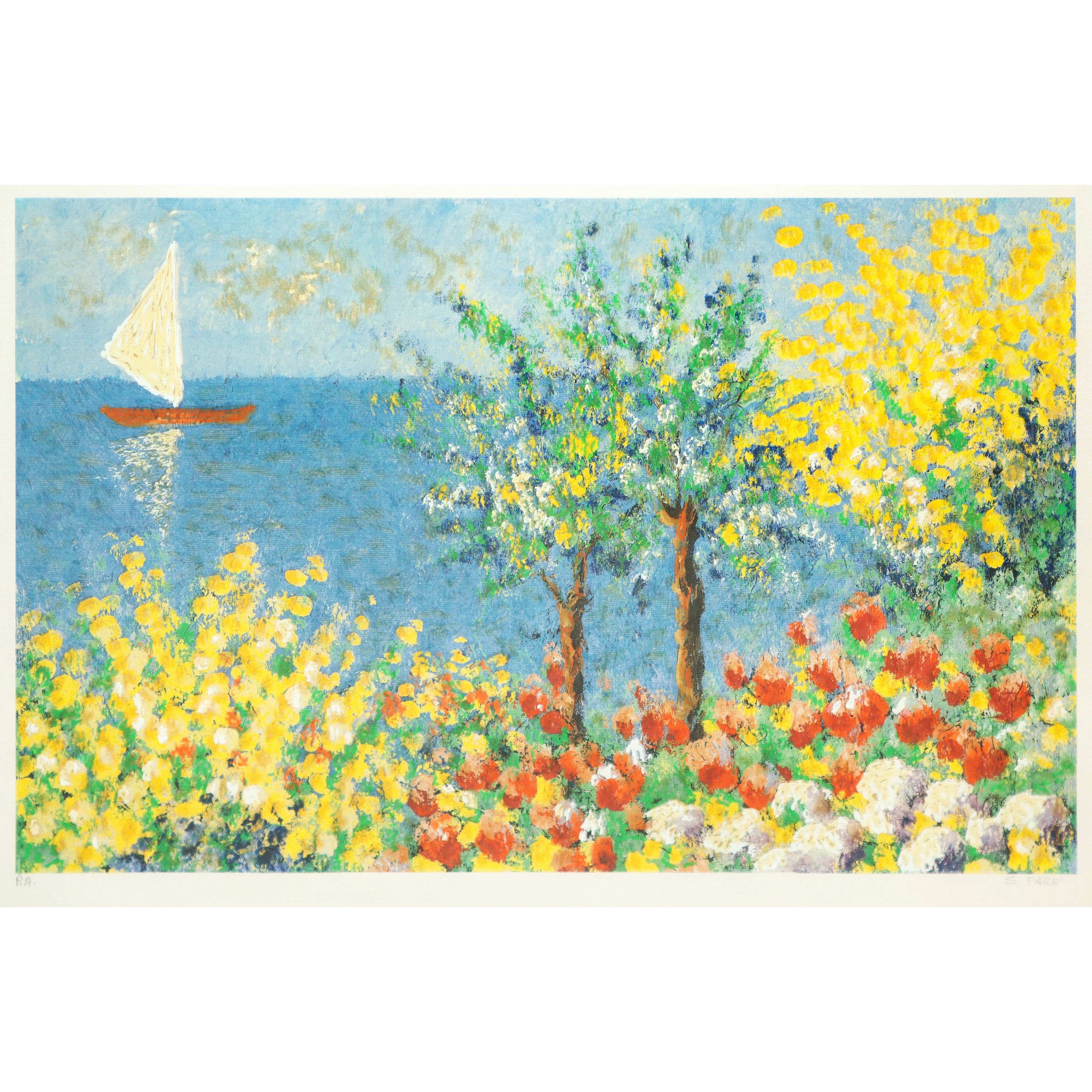 P.A. (firma S. Farè), Paesaggio marino con fiori e barca a vela