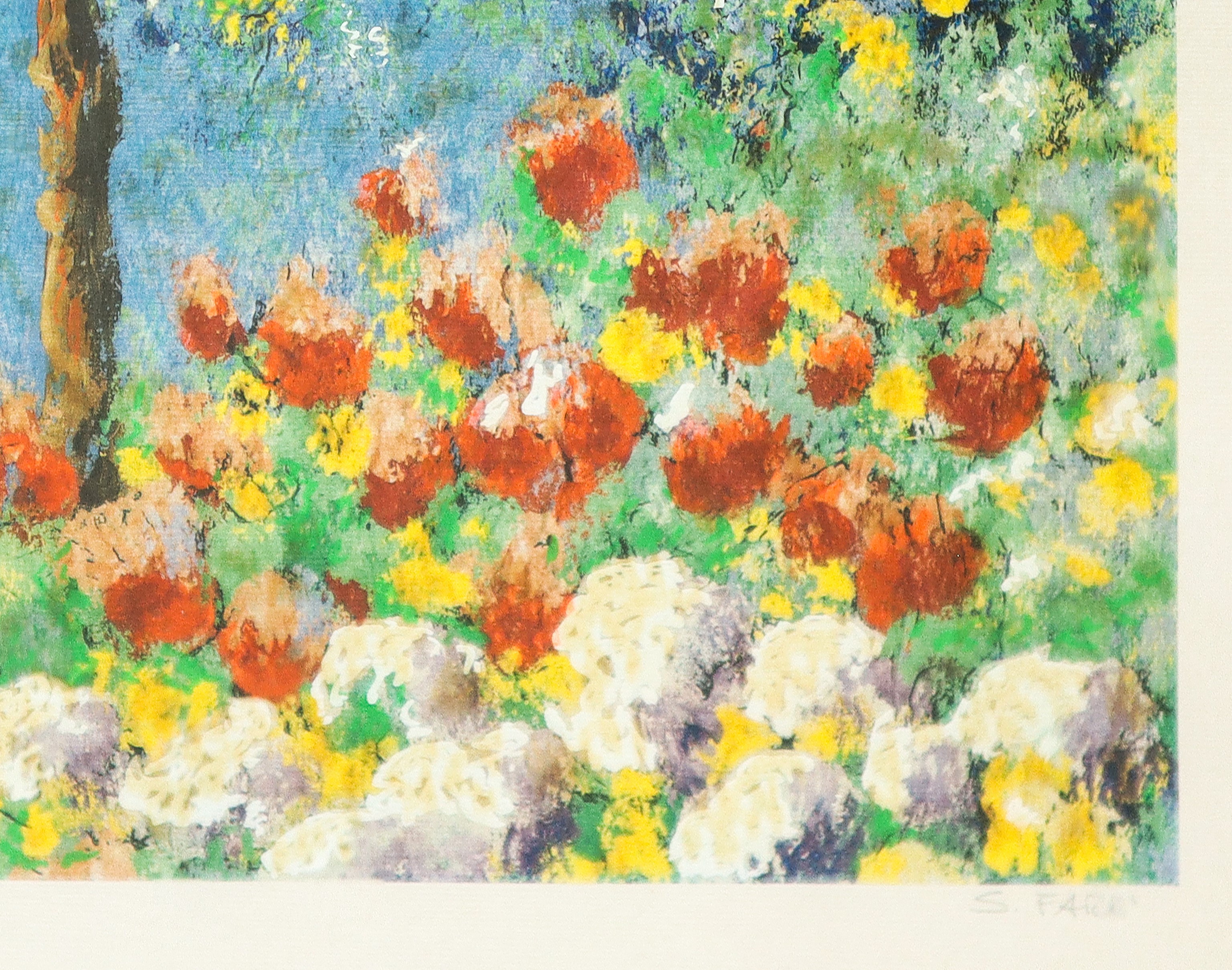 P.A. (firma S. Farè), Paesaggio marino con fiori e barca a vela