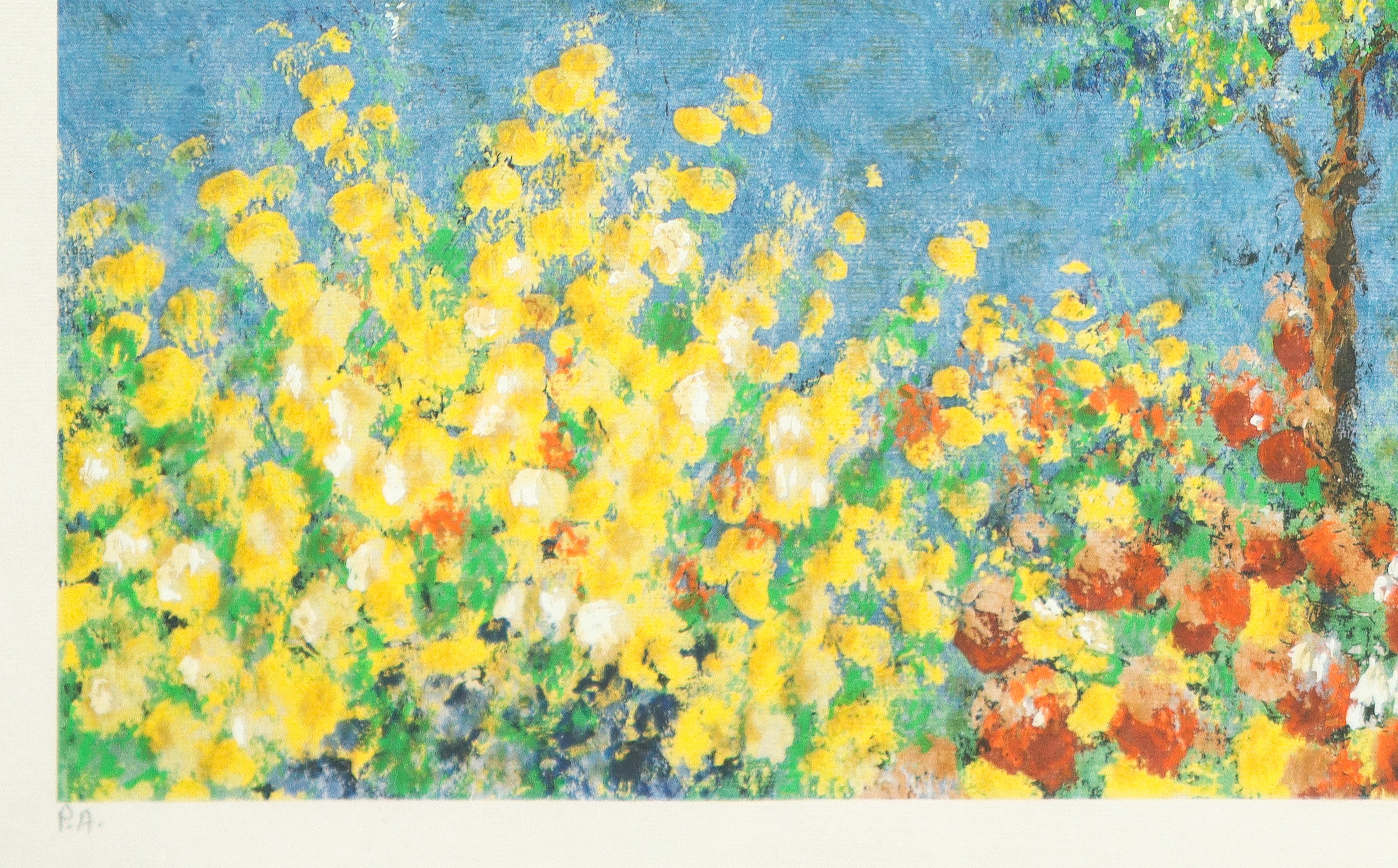 P.A. (firma S. Farè), Paesaggio marino con fiori e barca a vela