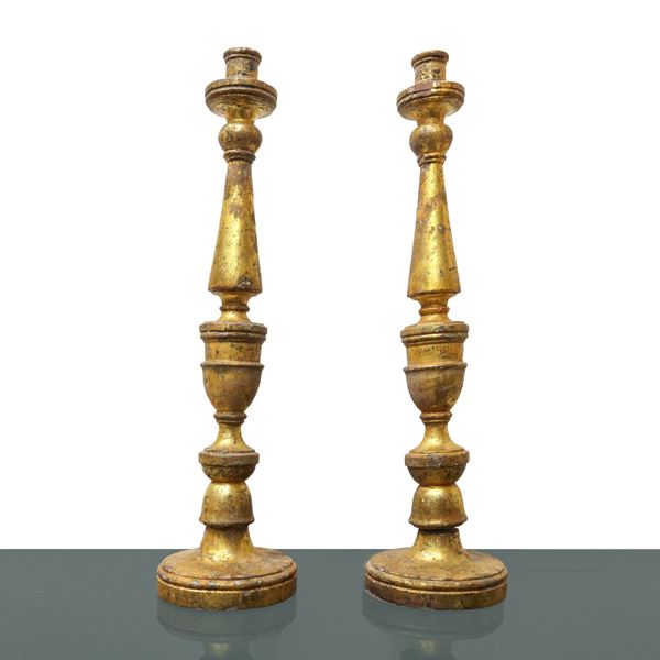 Pair of gilded, silver and Mecca wooden candlesticks
