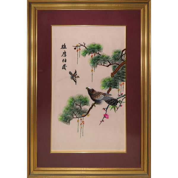 Silk panel embroidered with branch and hawk