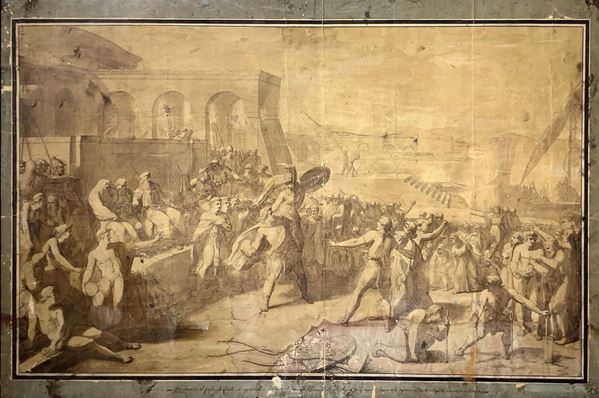 Drawing Allegedly by Annibale Carracci (Bologna 1560-Roma 1609)brown ink, depicting Odysseus (Ulysses) who competes in the stone throwing during games Phaeacian youth. Mm 610x950.
The Italian painter Annibale Carracci was born in Bologna in 1560.
If in his first production they notice the influences of Bolognese painters Bartolomeo Cesi, Horace Samacchini and Prospero Fontana, once arrived in Parma studying Correggio and in Venice on the Veronese and Bassano.
Determined to bring the painting o