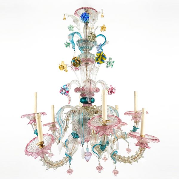 Lampadario in vetro di Murano policromo a 8 luci