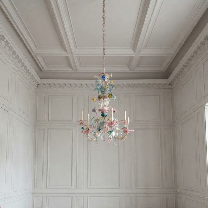 Lampadario in vetro di Murano policromo, a 8 luci