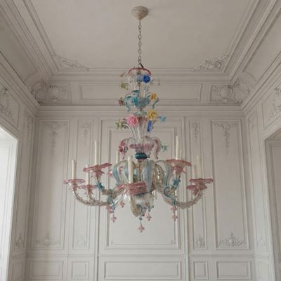 Lampadario in vetro di Murano policromo a 8 luci