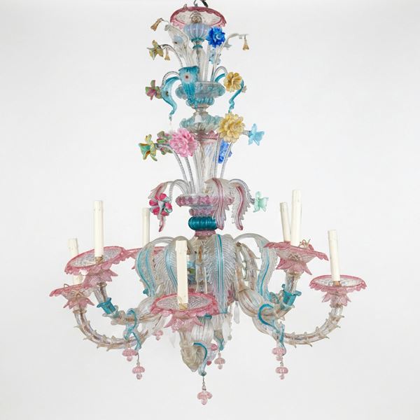 8-light polychrome Murano glass chandelier