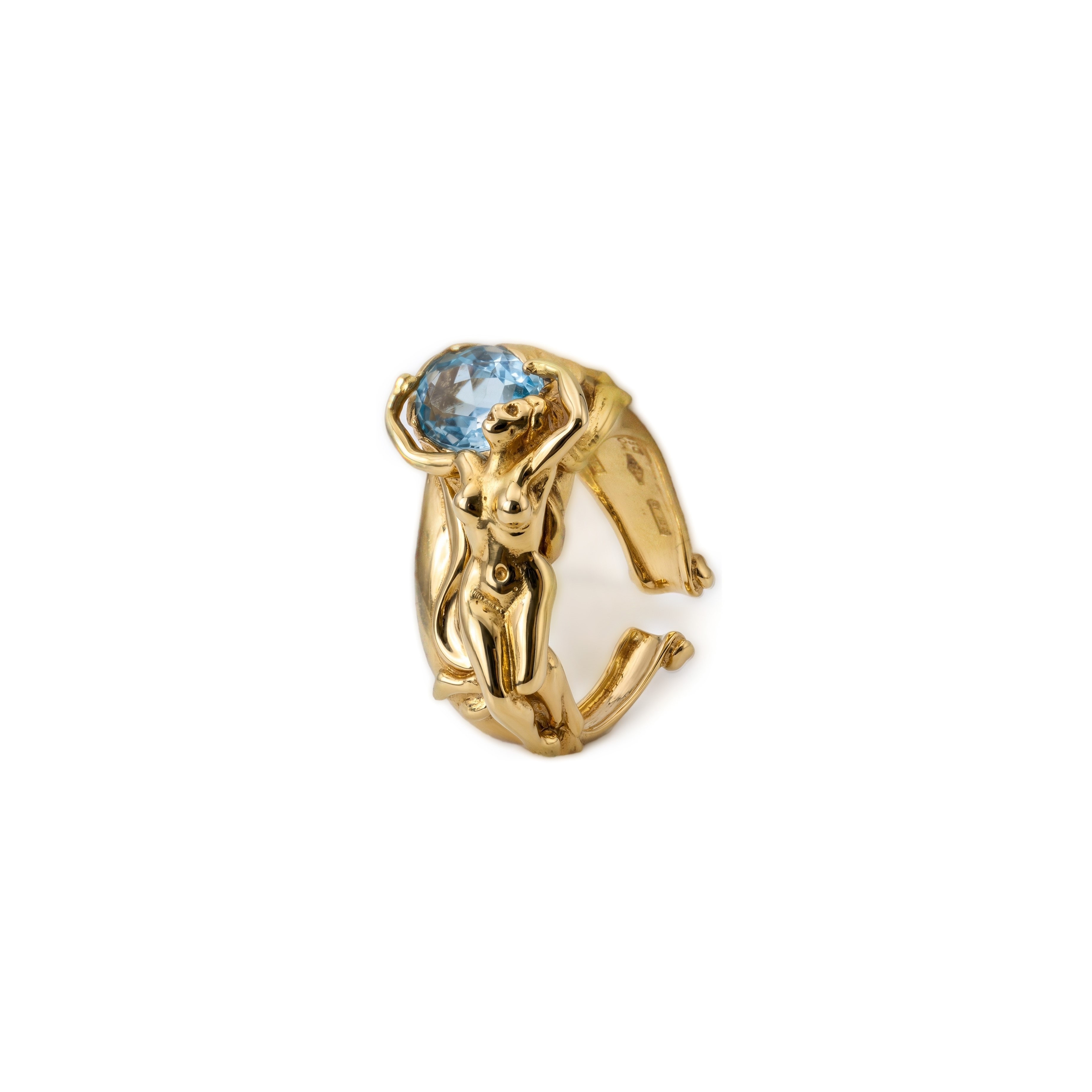 Anello in oro giallo 750 con figura femminile che regge un' acquamarina
