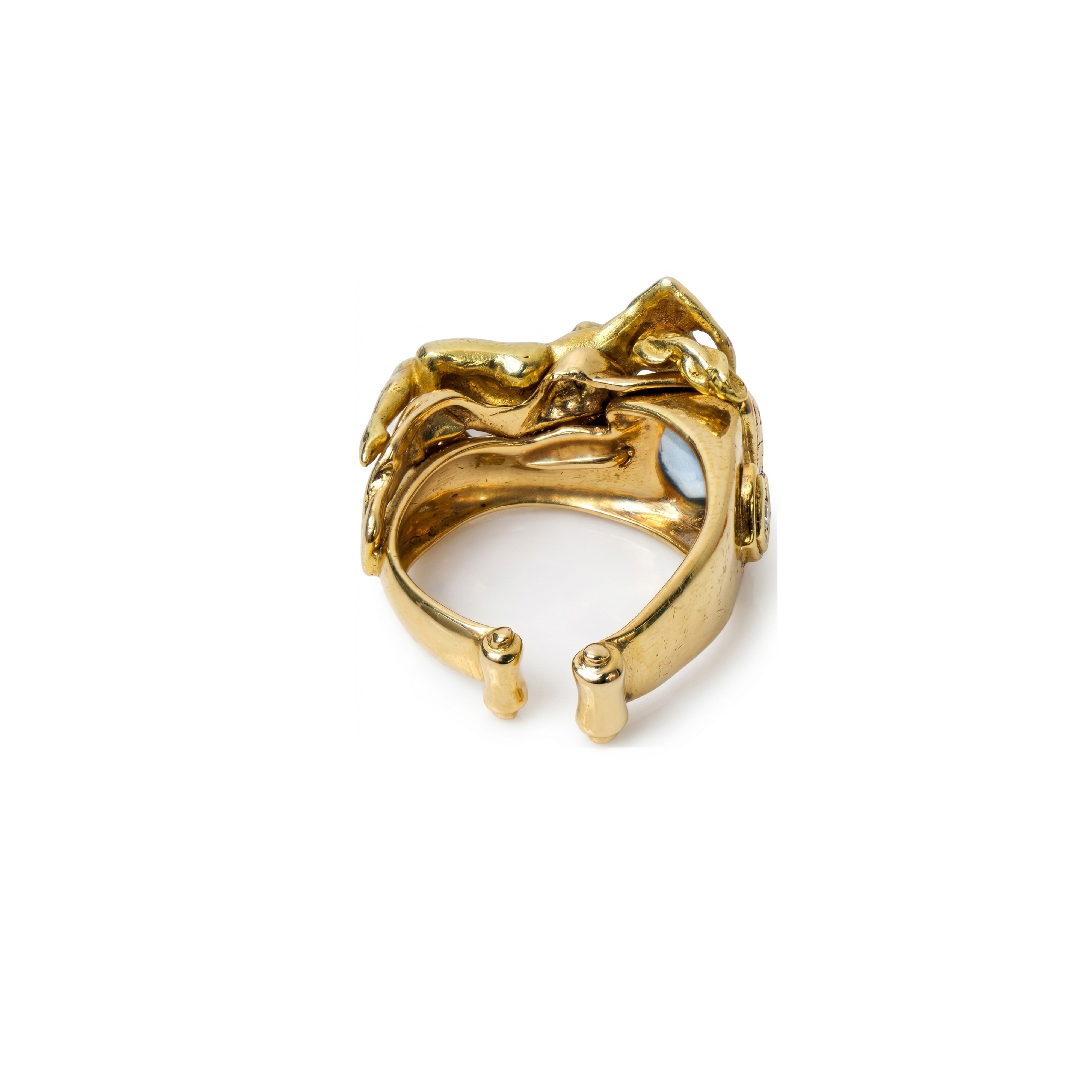 Anello in oro giallo 750 con figura femminile che regge un' acquamarina
