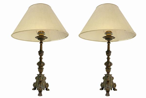 Pair of bronze candlesticks adapted to lamp