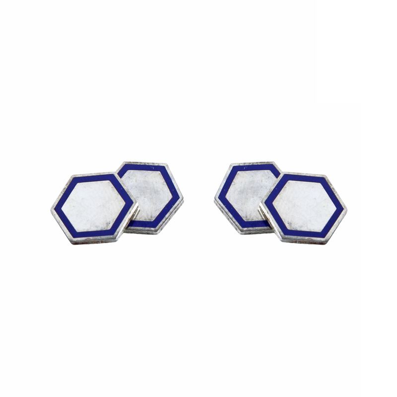 Gemelli vintage, argento 800 con taglio esagonale e smalto blu