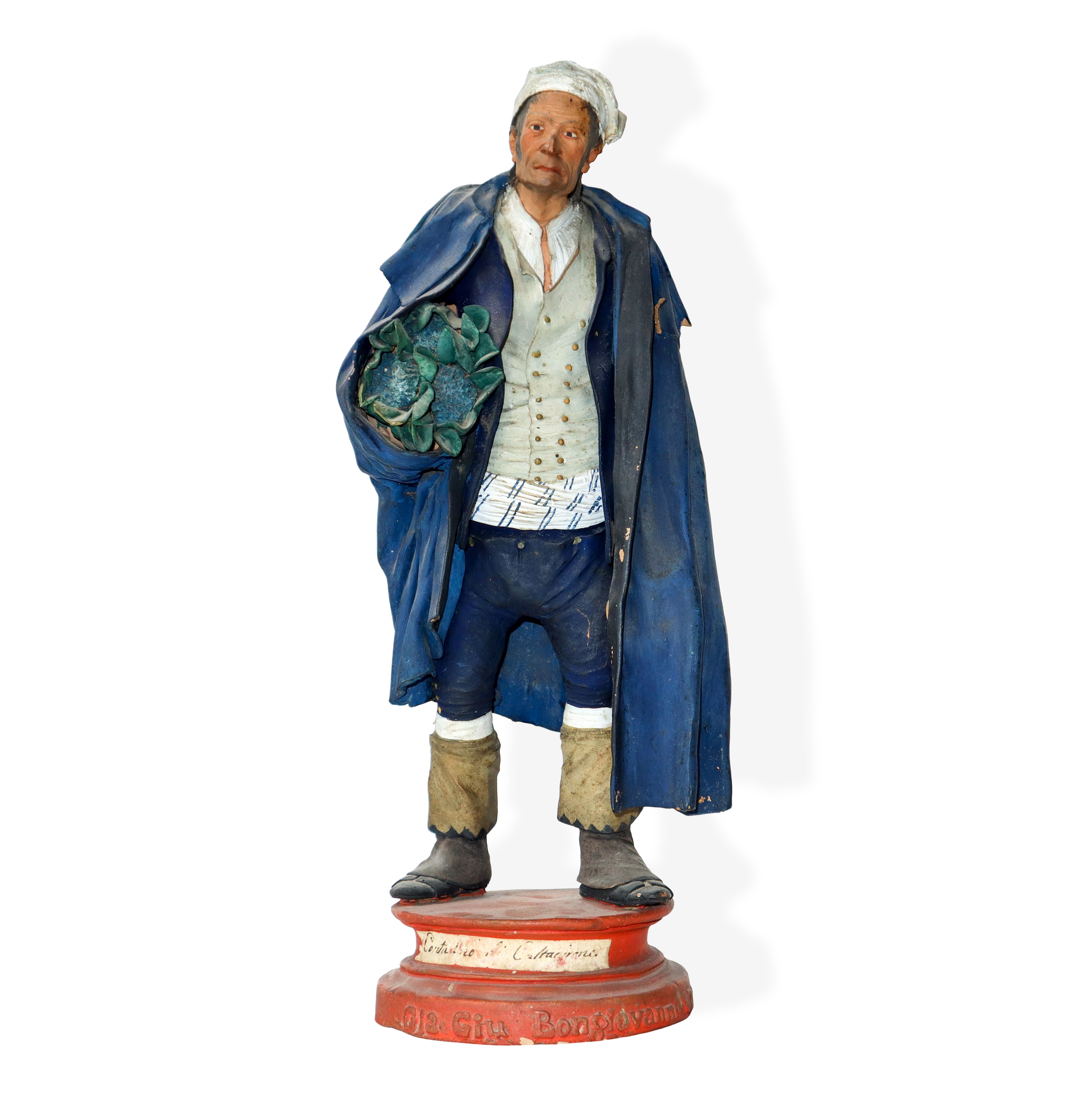 Gruppo di n. 3 figurine in terracotta di Caltagirone raffiguranti Contadini in teca di legno