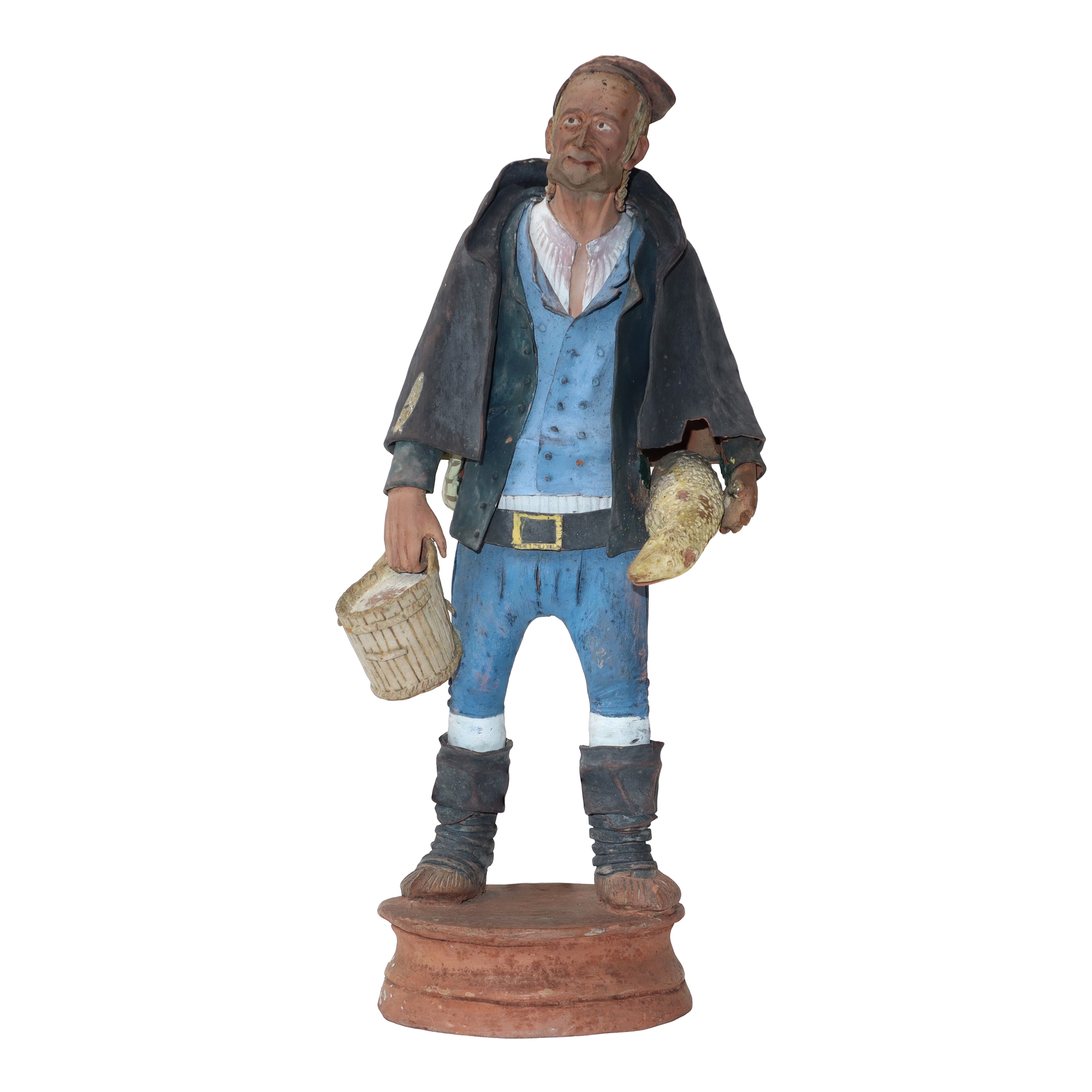Gruppo di n. 3 figurine in terracotta di Caltagirone raffiguranti Contadini in teca di legno
