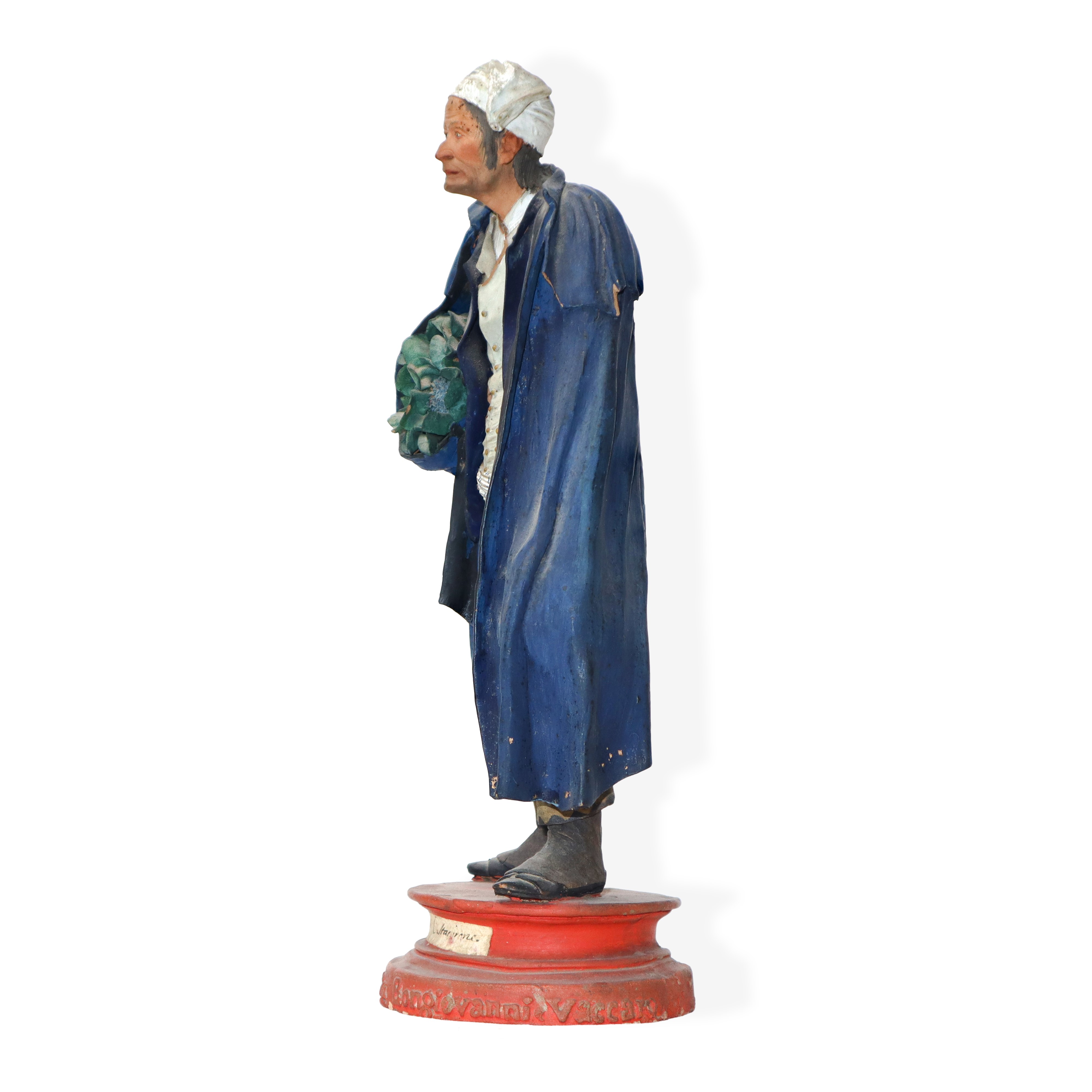 Gruppo di n. 3 figurine in terracotta di Caltagirone raffiguranti Contadini in teca di legno