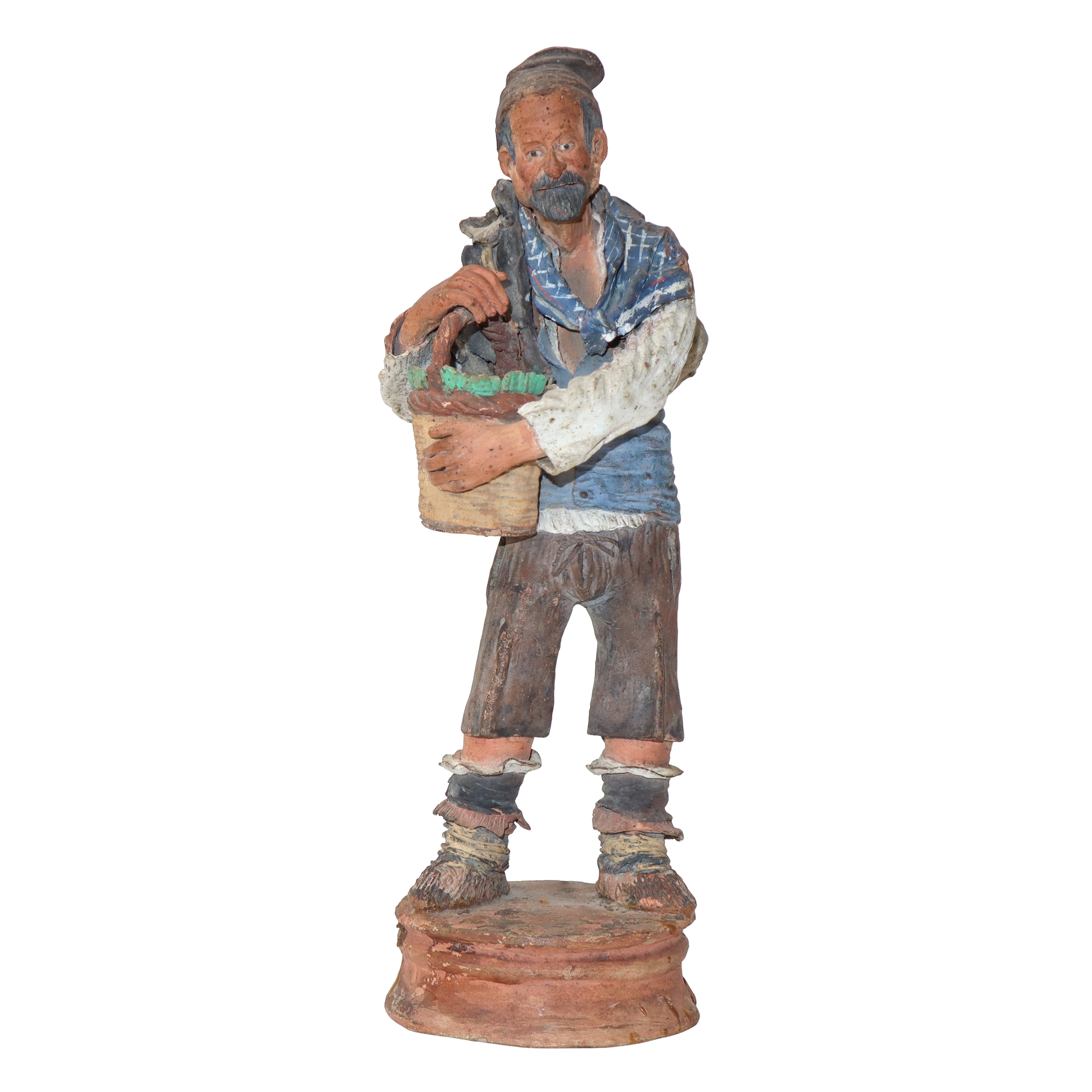 Gruppo di n. 3 figurine in terracotta di Caltagirone raffiguranti Contadini in teca di legno