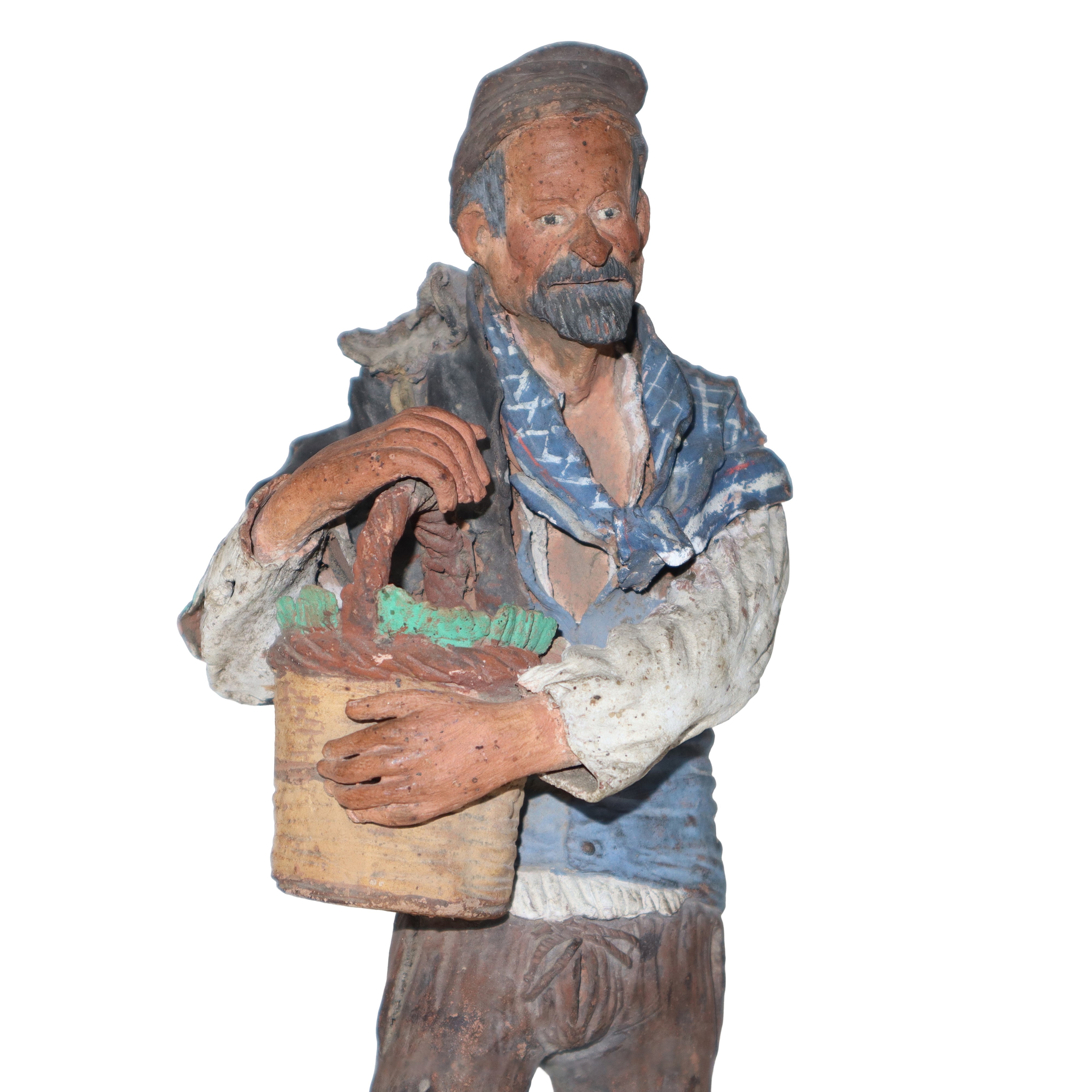 Gruppo di n. 3 figurine in terracotta di Caltagirone raffiguranti Contadini in teca di legno