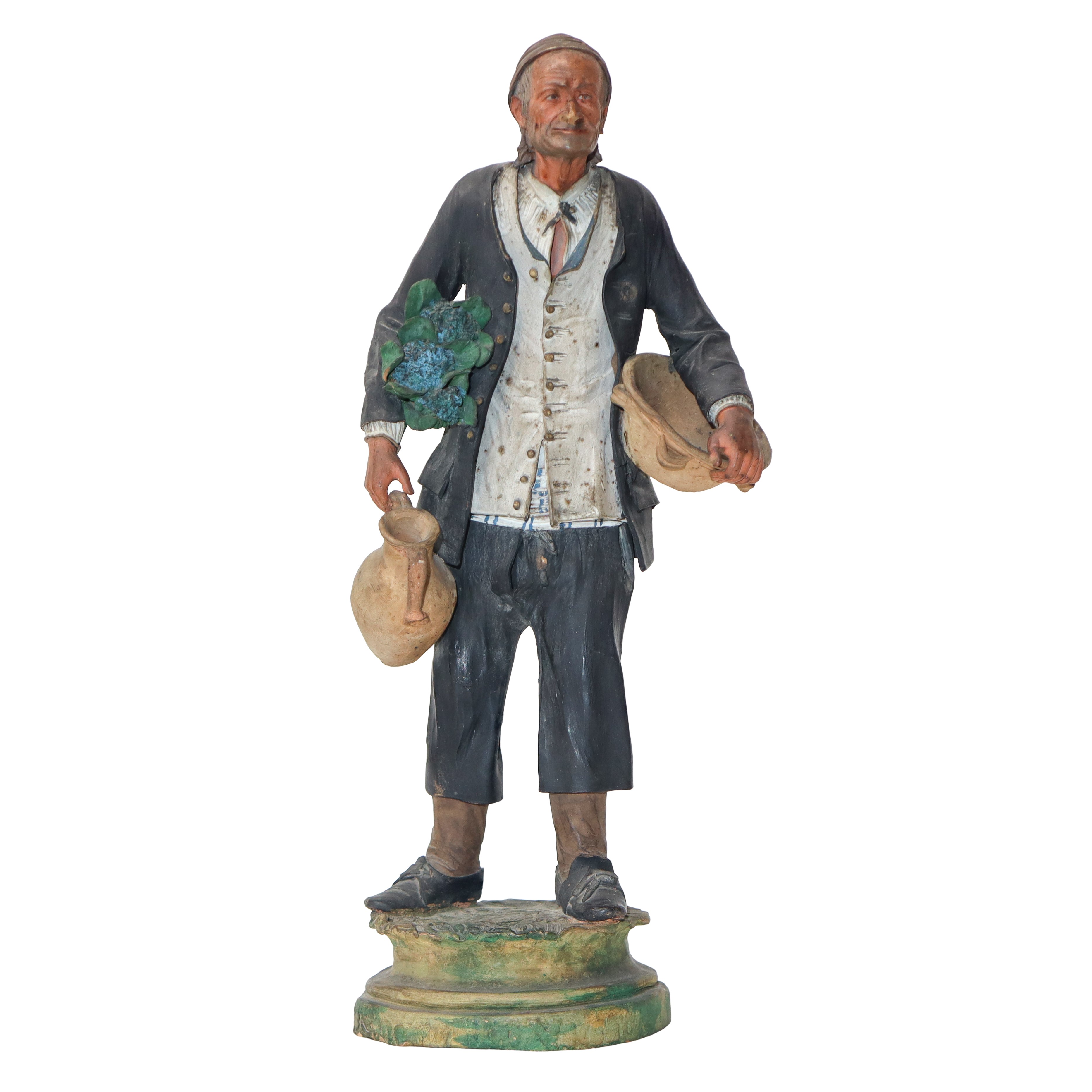 Gruppo di n. 3 figurine in terracotta di Caltagirone raffiguranti Contadini in teca di legno
