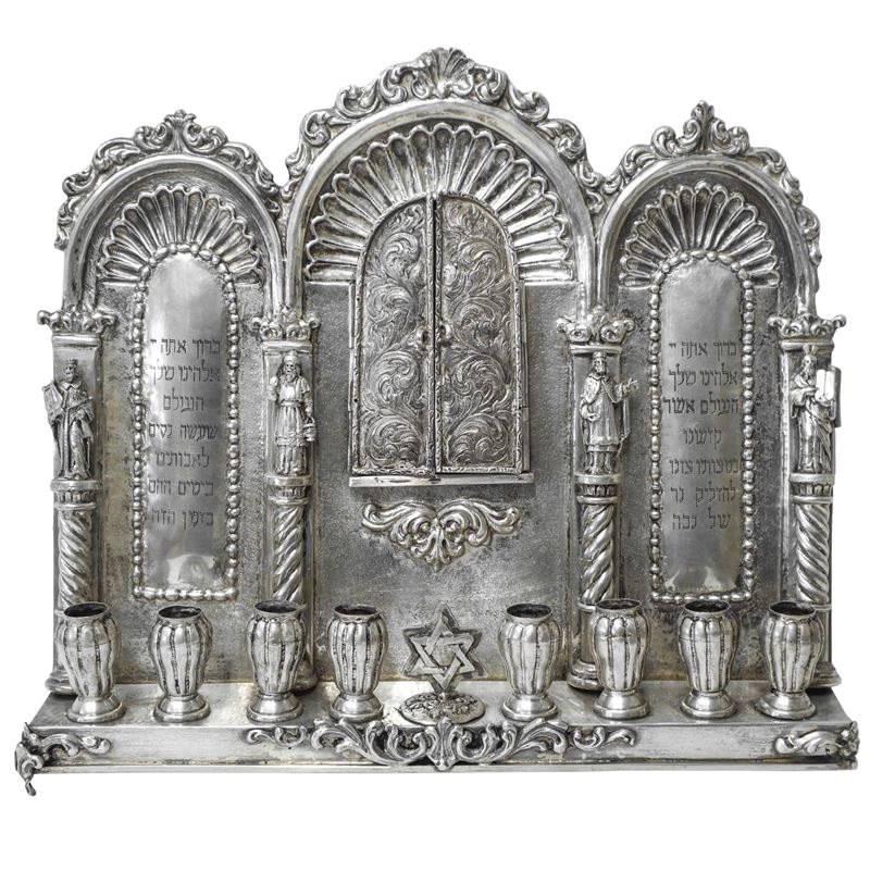 Lampada Menorah per Hanukkah in argento, con stella di David e otto candelieri