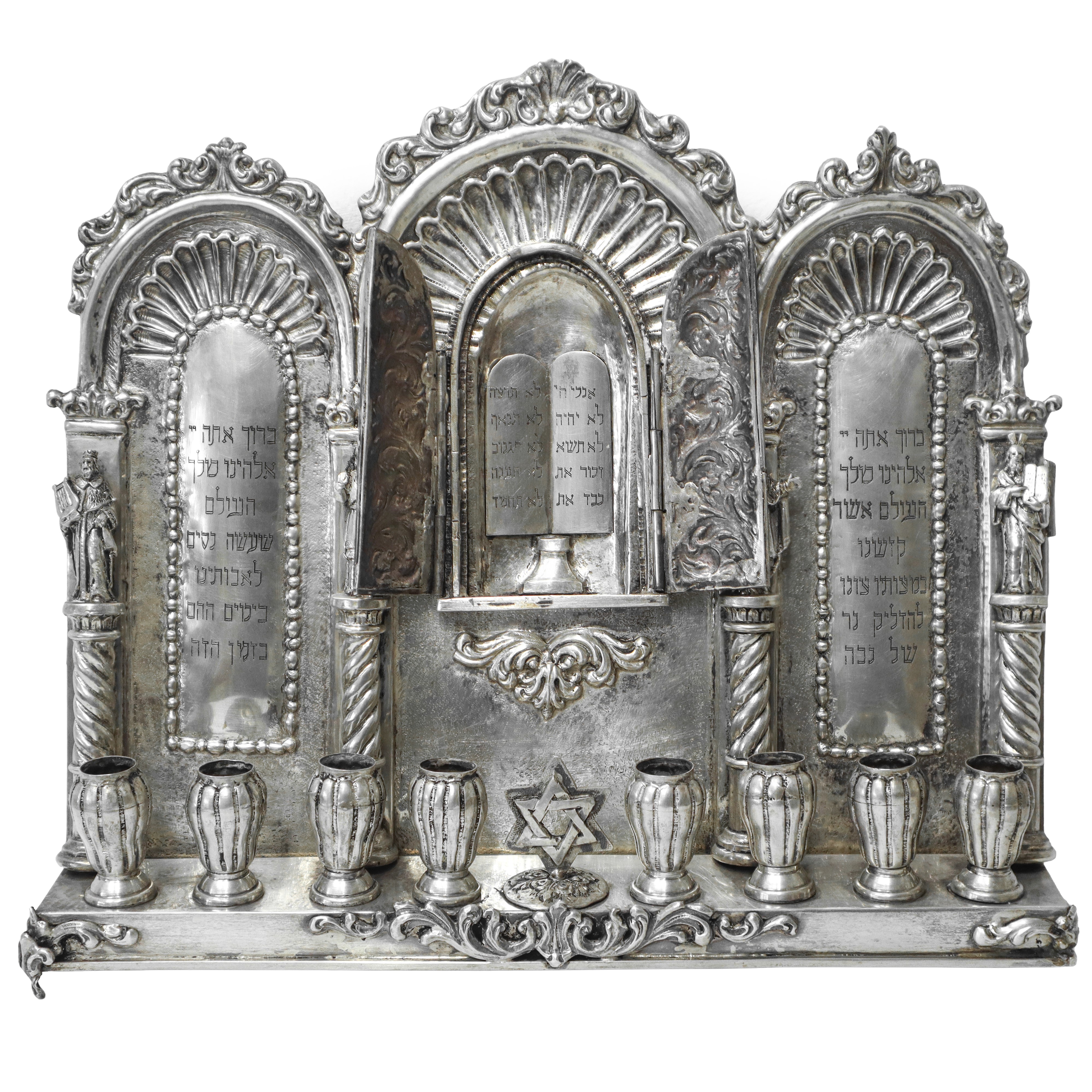 Lampada Menorah per Hanukkah in argento, con stella di David e otto candelieri
