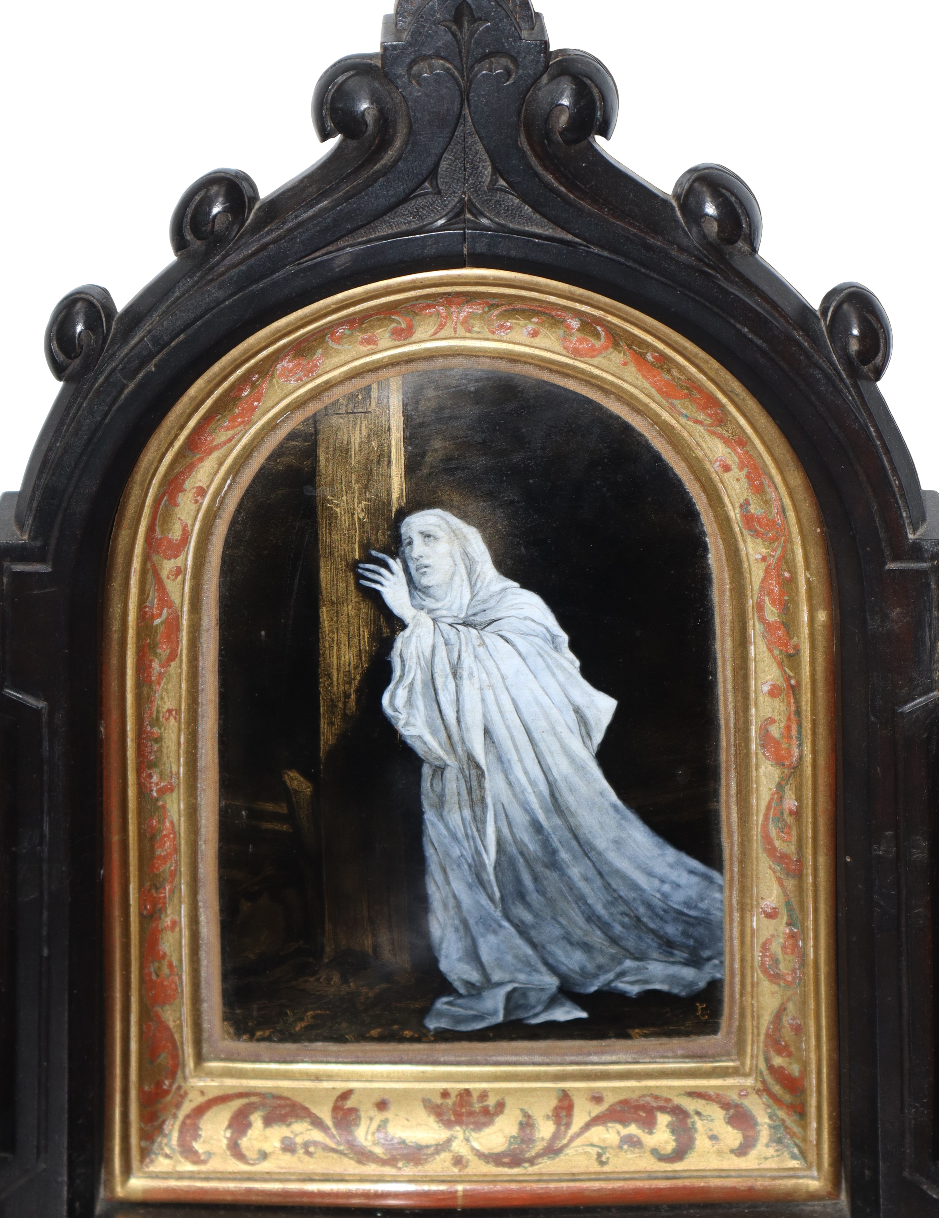 Altarino neogotico, Vergine addolorata ai piedi della Croce, smalto di Limoges su rame, XIX secol...