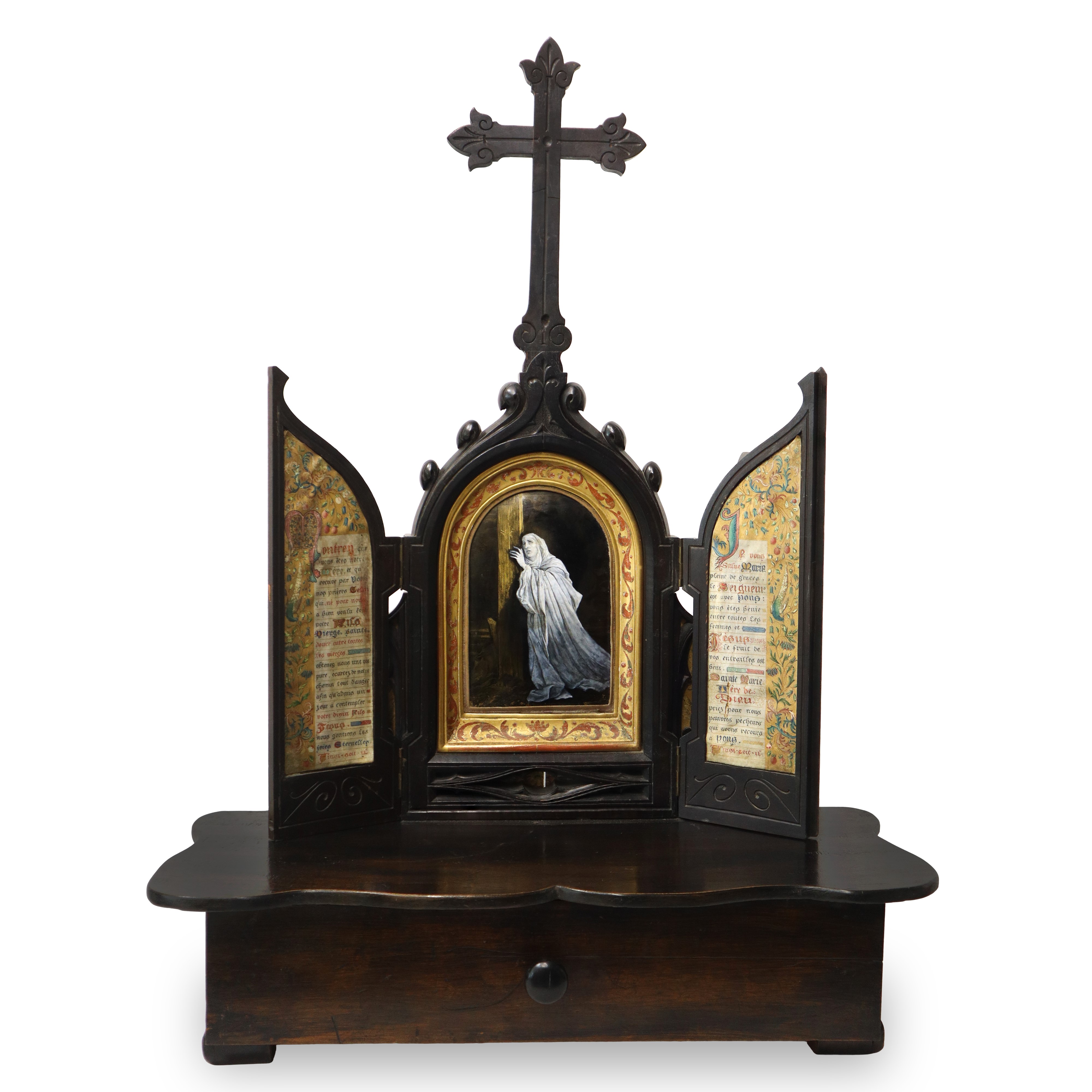 Altarino neogotico, Vergine addolorata ai piedi della Croce, smalto di Limoges su rame, XIX secol...