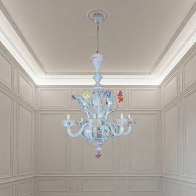 Lampadario, vetro di Murano lattimo con decori floreali policromi