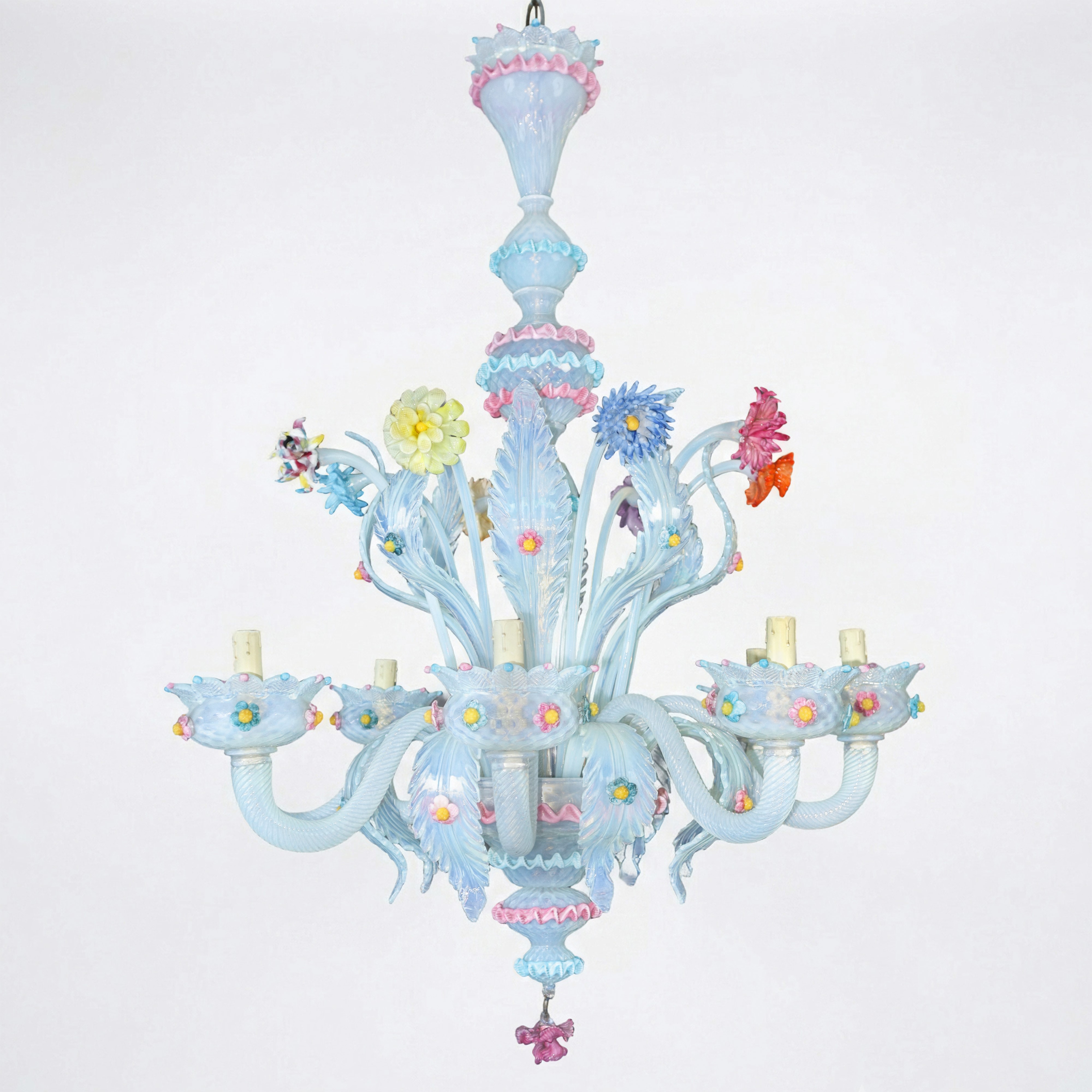 Lampadario, vetro di Murano lattimo con decori floreali policromi
