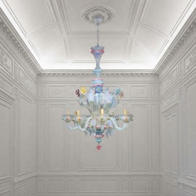 Lampadario, vetro di Murano lattimo, decori floreali policromi