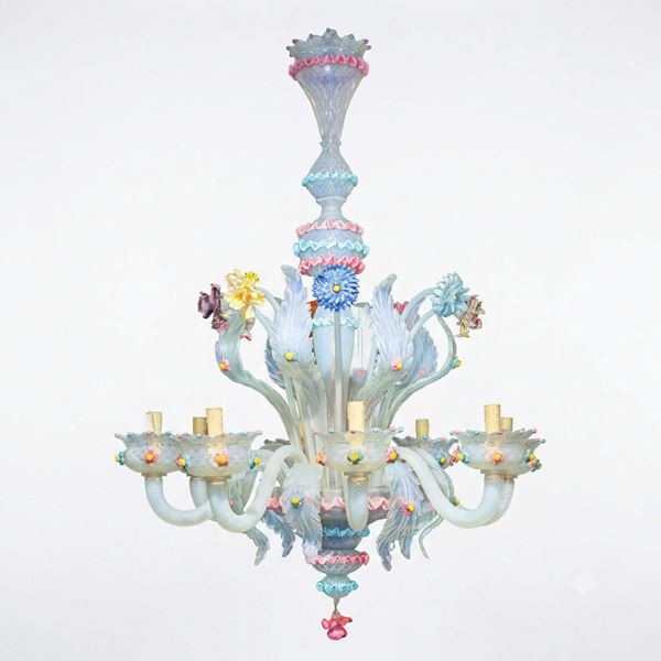 Lampadario in vetro di Murano lattimo con decori floreali policromi