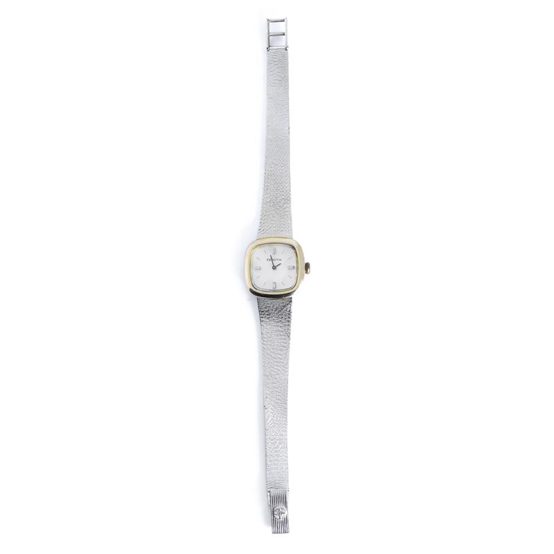 Orologio da donna in oro bianco 750 spazzolato con quadrante in oro giallo, anni '60