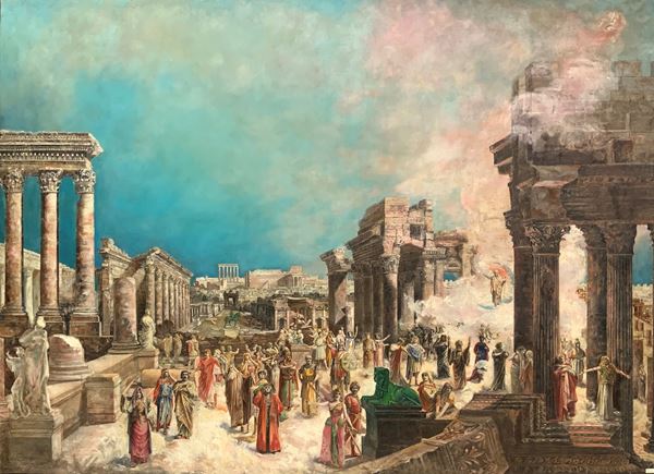 Oil painting on canvas depicting the Roman Forum with characters (Splendor of the Roman Empire). 220x308 cm
