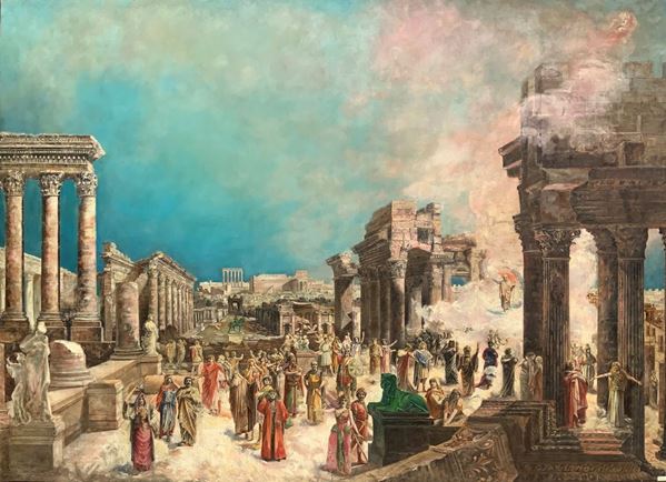 Oil painting on canvas depicting the Roman Forum with characters (Splendor of the Roman Empire). 220x308 cm