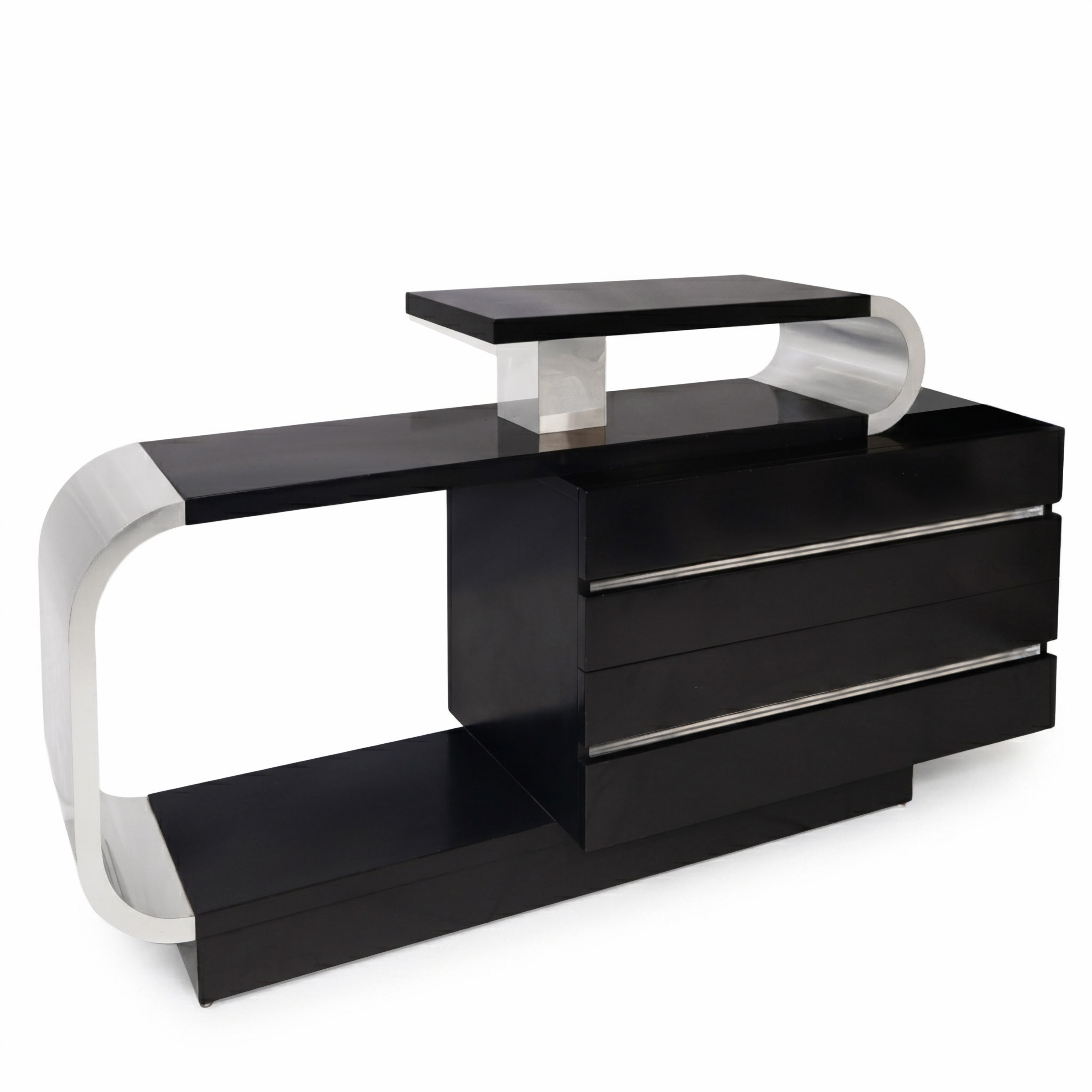 Credenza asimmetrica laccata nera e cromata