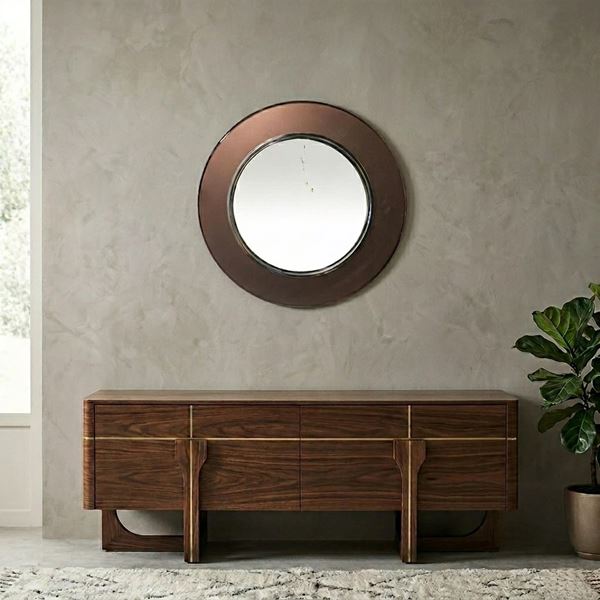 Max Ingrand per FontanaArte - Specchio circolare con cornice in vetro colorato curvato e molato e montatura in ottone nichelato