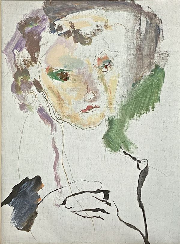 Ernesto Treccani , olio su tela raffigurante figura volto . Cm 30x40, in cornice 54x45