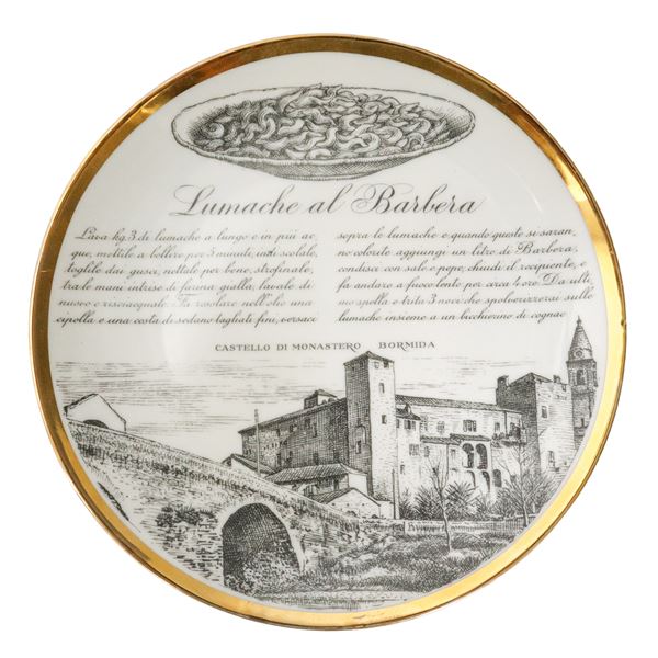 Piero Fornasetti - Piatto Fornasetti in porcellana bianca, collezione Specialità Torinesi: Lumache al Barbera