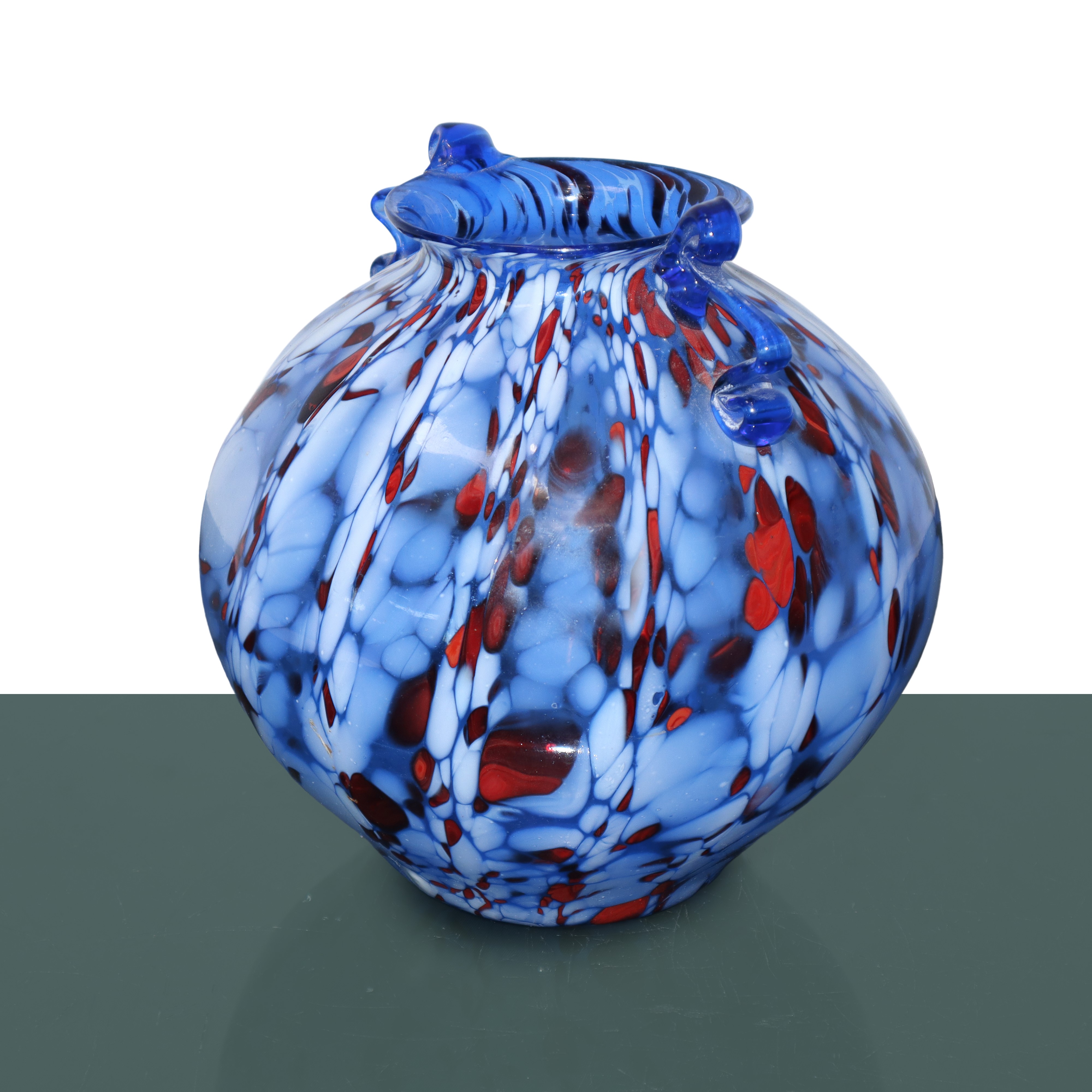 Fratelli Toso - Vaso biansato policromo in vetro di Murano (blu, rosso e bianco)