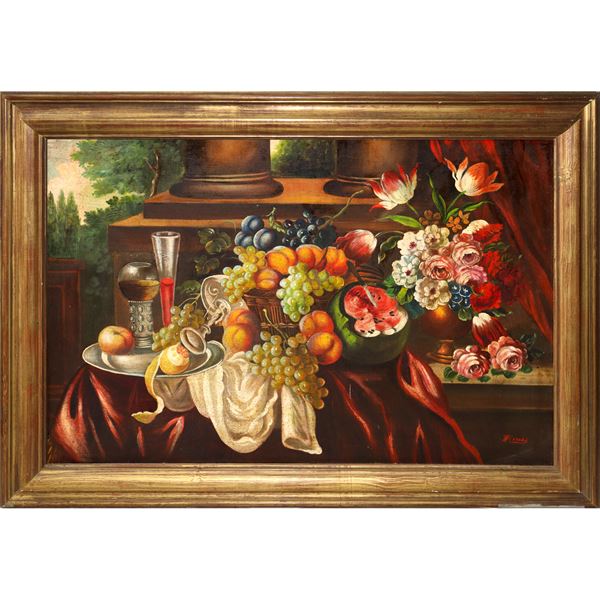 Still life of flowers and fruit