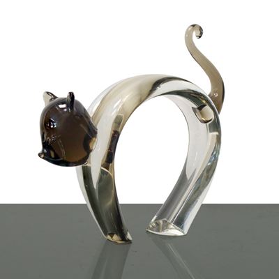 Gatto stilizzato in vetro di Murano nero fumè