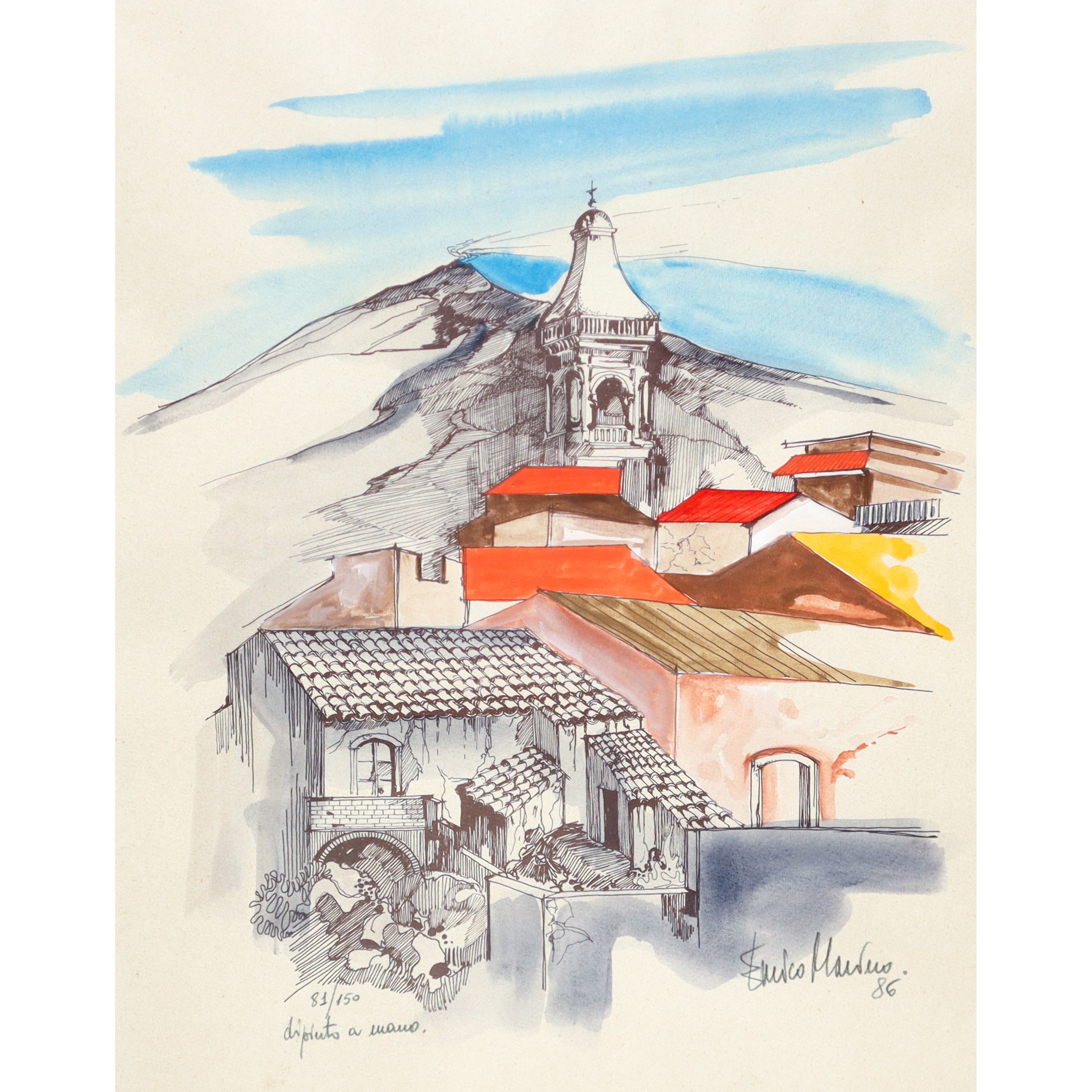 Scorcio di paese con Etna sullo sfondo, litografia dipinta a mano (1986)